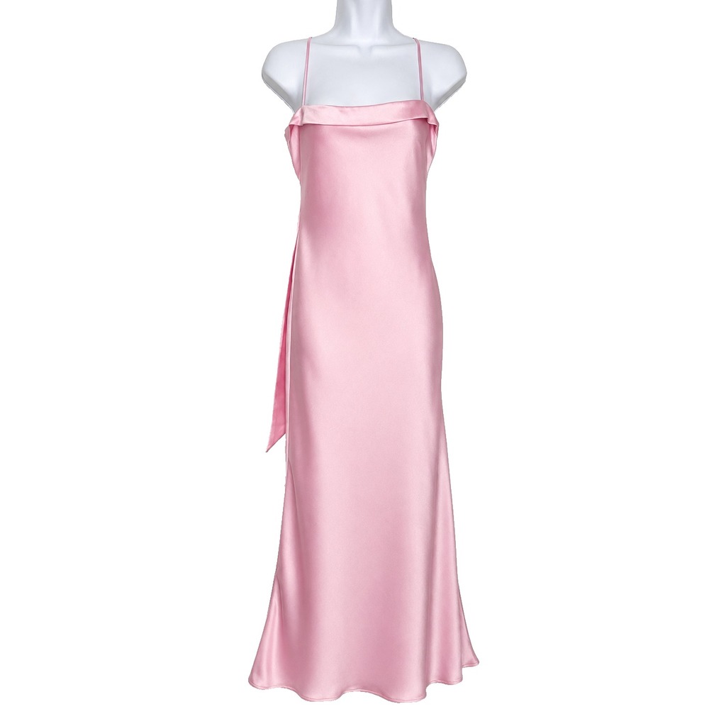 Lucy In The Sky Pink Satin Slip Dress Cutout Back Tie Midi